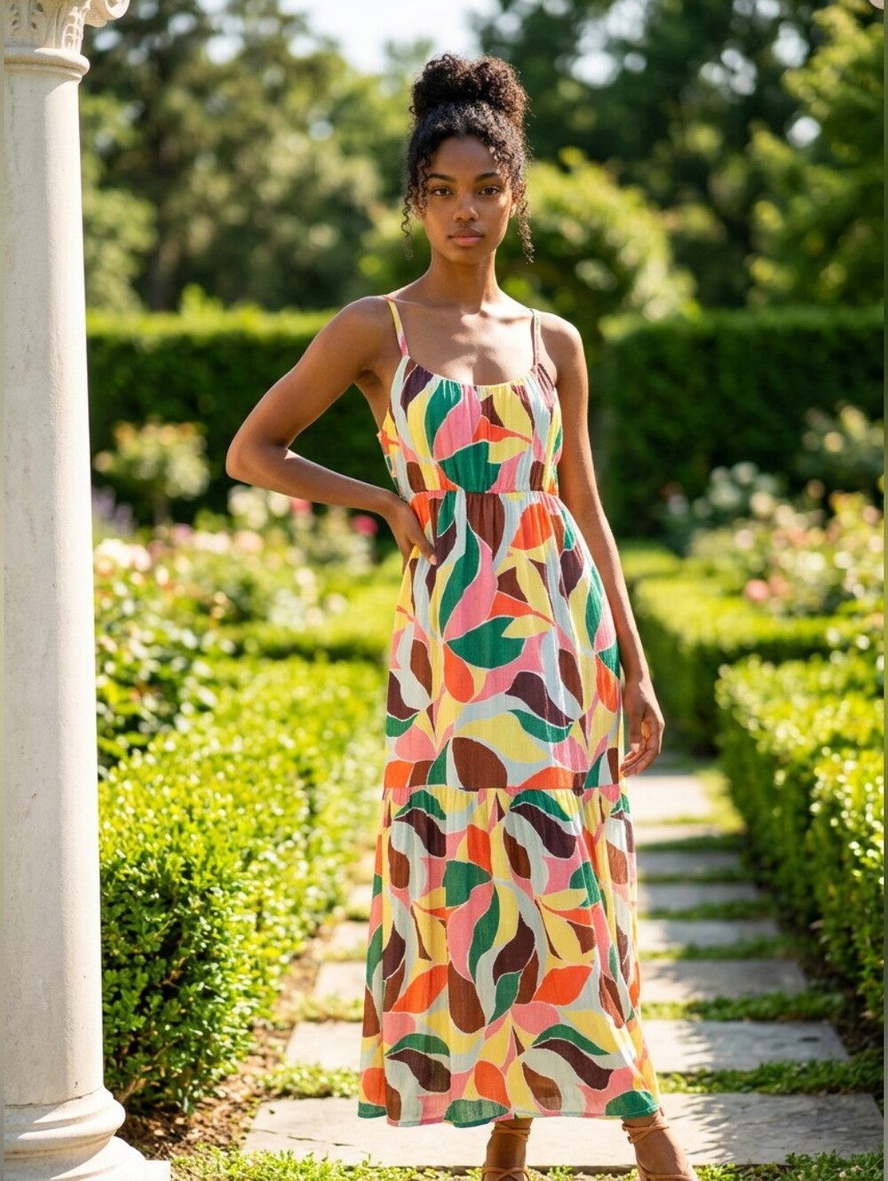 Sanctuary Colorful Pnk Grn Brn Leaf-Print Midi-Maxi Dress Women's Medium & Large